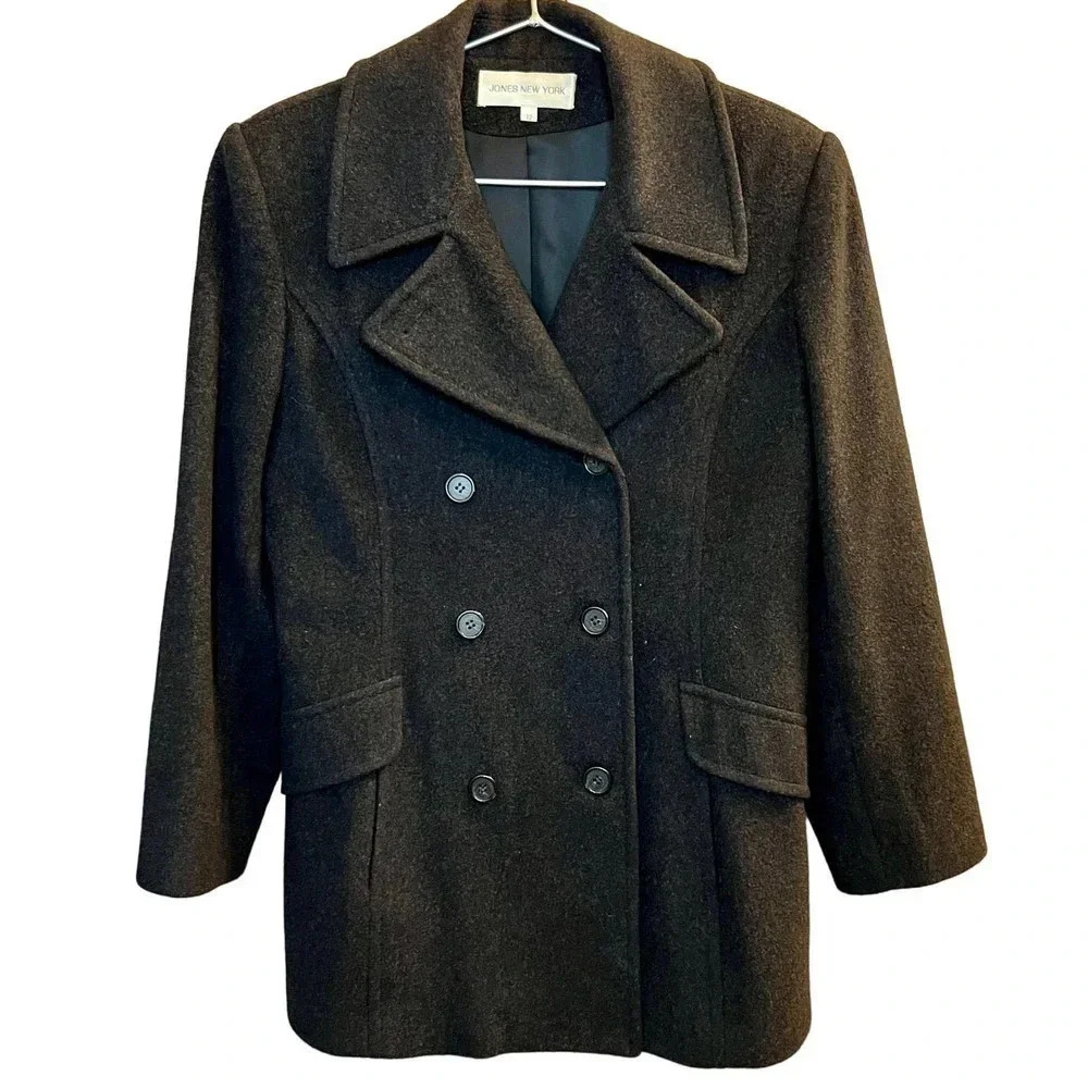 Jones New York Wool Cashmere Blend Dark Gray Double Breasted Coat Size 12
